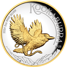 2 Unze Silber Kookaburra 2024 (Auflage: 2.000 | Polierte Platte | High Relief | teilvergoldet)