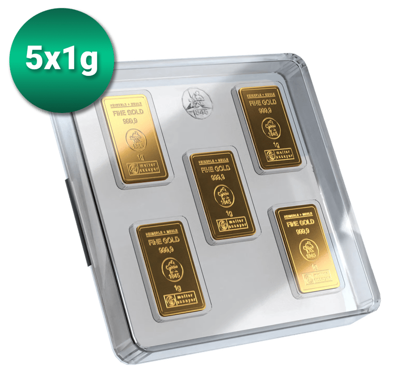 5 x 1g Goldbarren Heimerle und Meule UnityBar